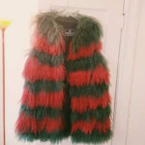 Green and red mongolian fur vest